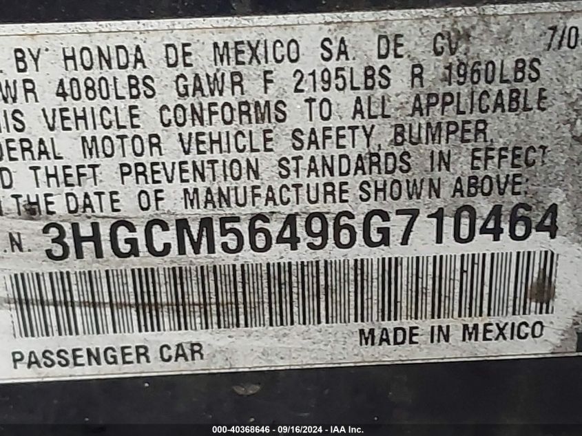 2006 Honda Accord 2.4 Lx VIN: 3HGCM56496G710464 Lot: 40368646