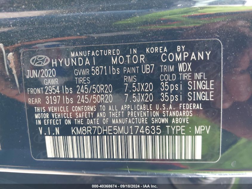 2021 Hyundai Palisade Calligraphy VIN: KM8R7DHE5MU174635 Lot: 40368674