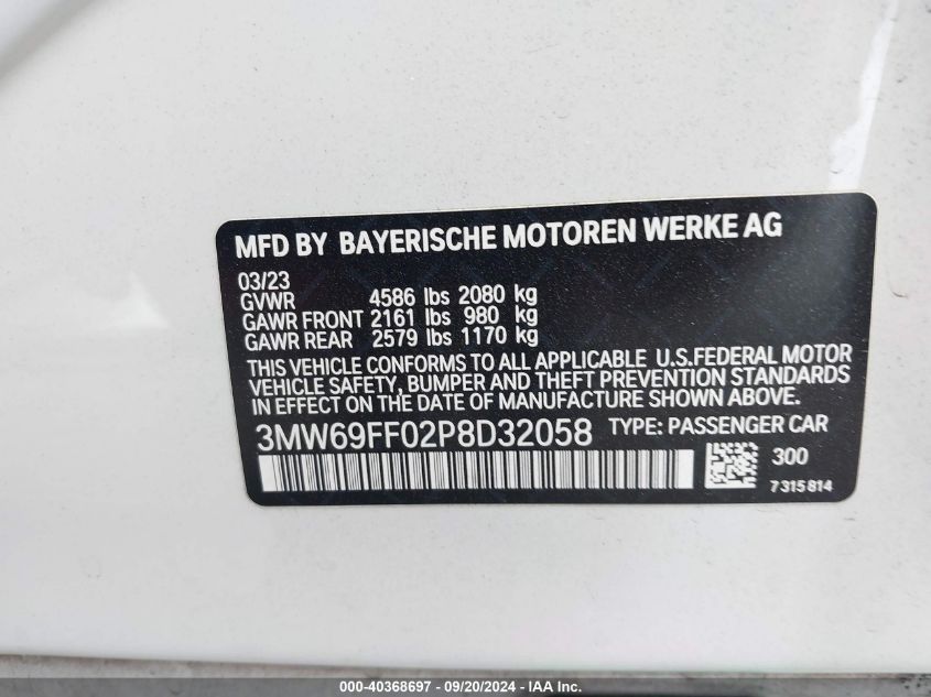 2023 BMW 330I VIN: 3MW69FF02P8D32058 Lot: 40368697