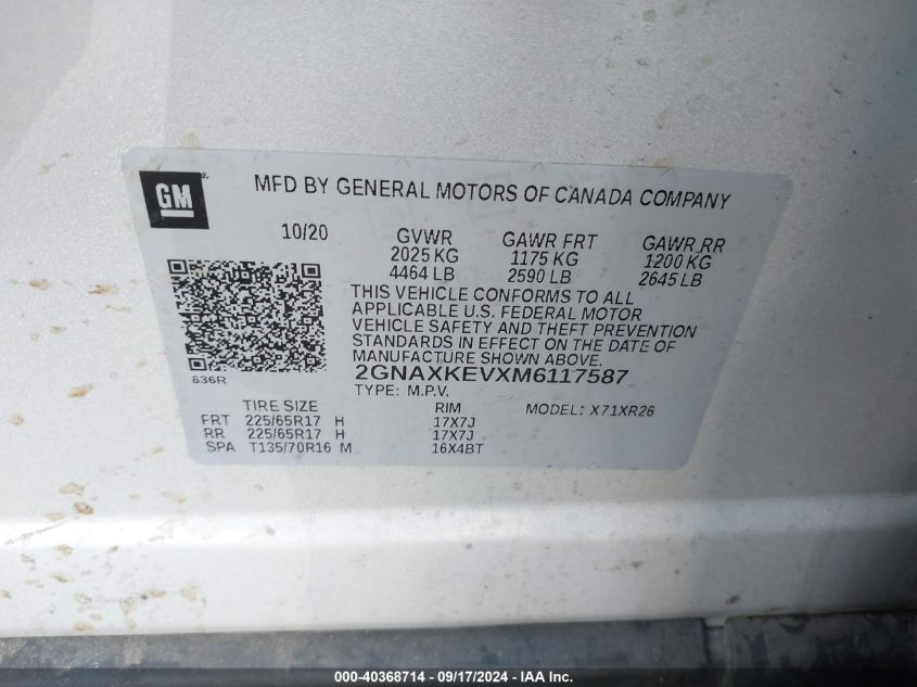 2021 CHEVROLET EQUINOX FWD LT - 2GNAXKEVXM6117587