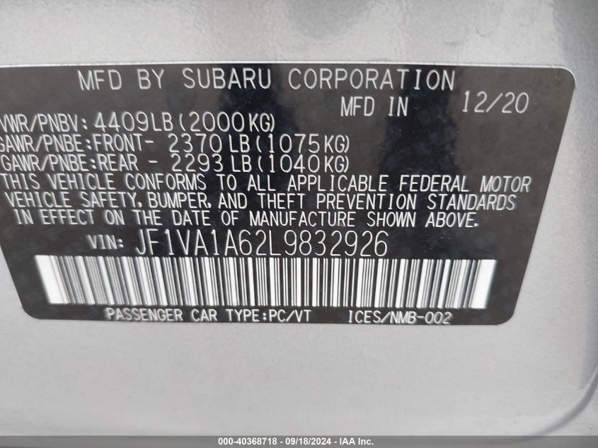 JF1VA1A62L9832926 2020 Subaru Wrx