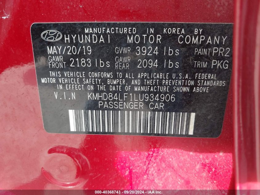 2020 Hyundai Elantra Value Edition VIN: KMHD84LF1LU934906 Lot: 40368743