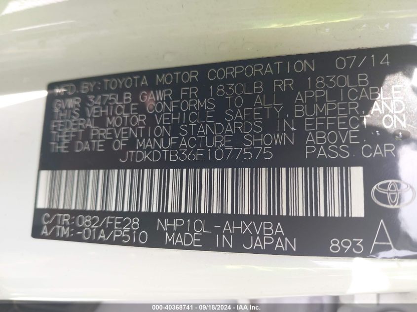 JTDKDTB36E1077575 2014 Toyota Prius C One