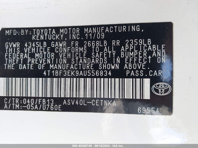 4T1BF3EK9AU556834 2010 Toyota Camry Le