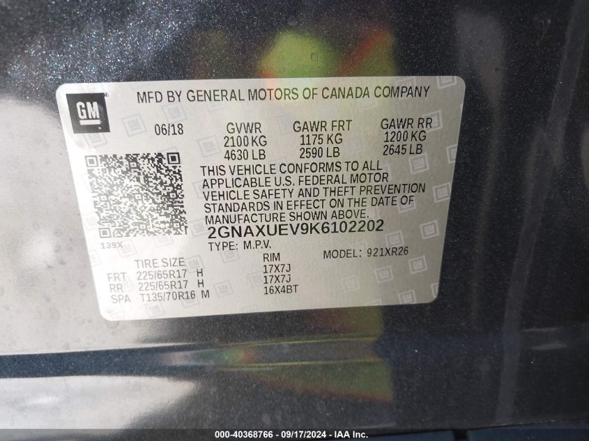 2GNAXUEV9K6102202 2019 Chevrolet Equinox Lt