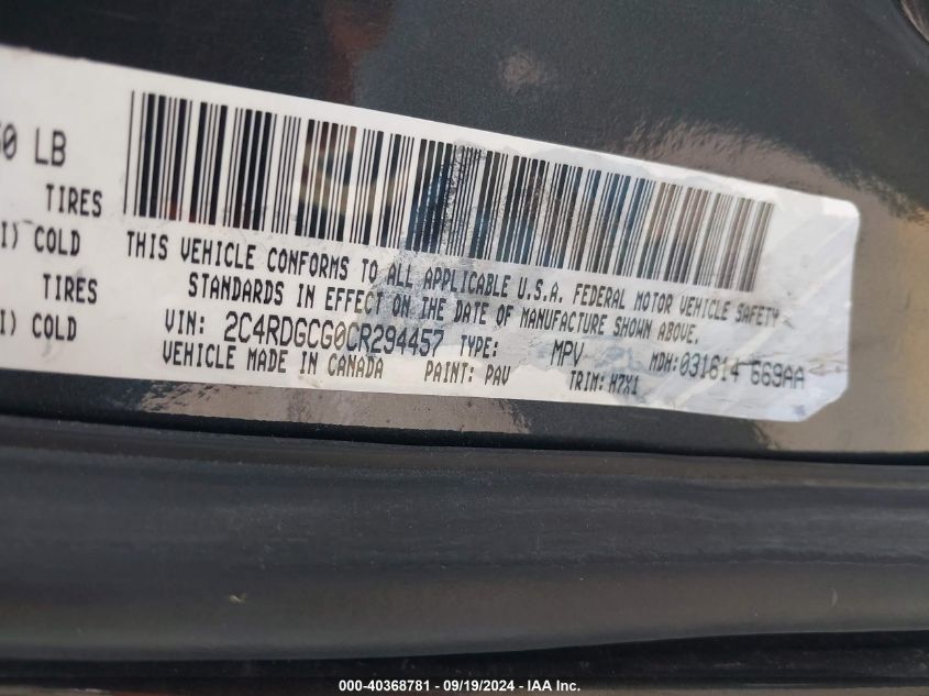 2012 Dodge Grand Caravan Sxt VIN: 2C4RDGCG0CR294457 Lot: 40368781