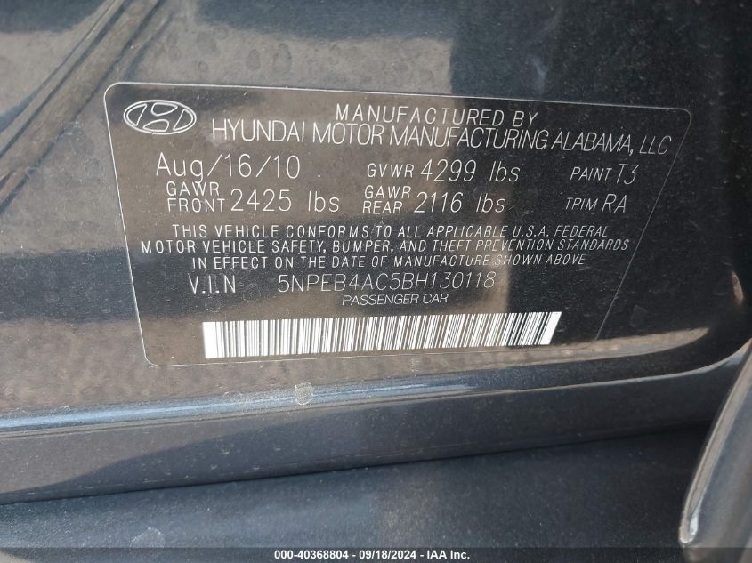 5NPEB4AC5BH130118 2011 Hyundai Sonata Gls