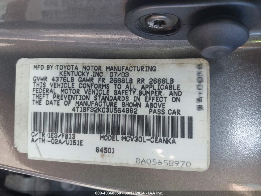 4T1BF32K03U564862 2003 Toyota Camry Le