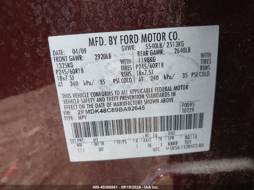 2009 Ford Edge Sel VIN: 2FMDK48C89BA92645 Lot: 40368861