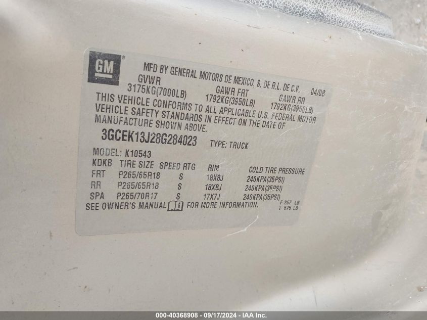 3GCEK13J28G284023 2008 Chevrolet Silverado 1500 Lt1