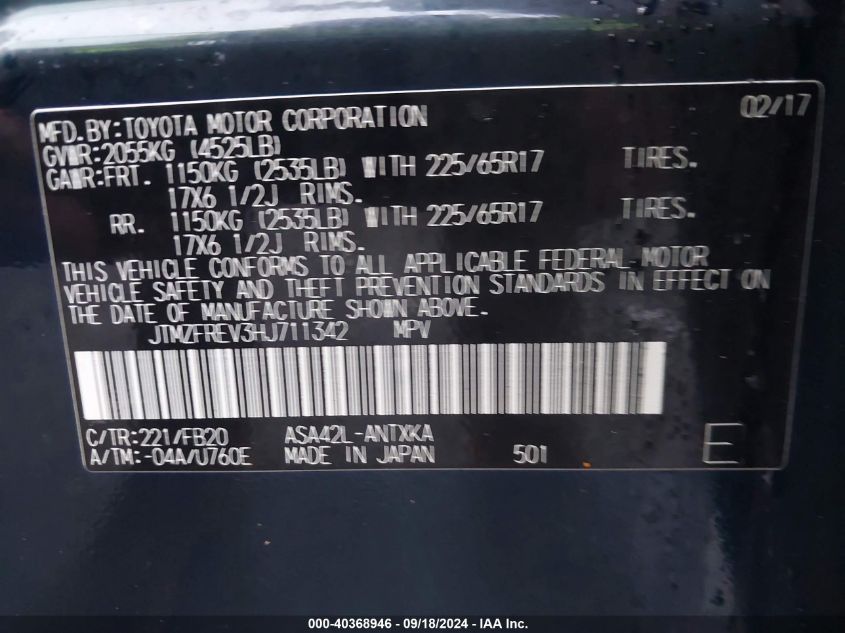 JTMZFREV3HJ711342 2017 Toyota Rav4 Le