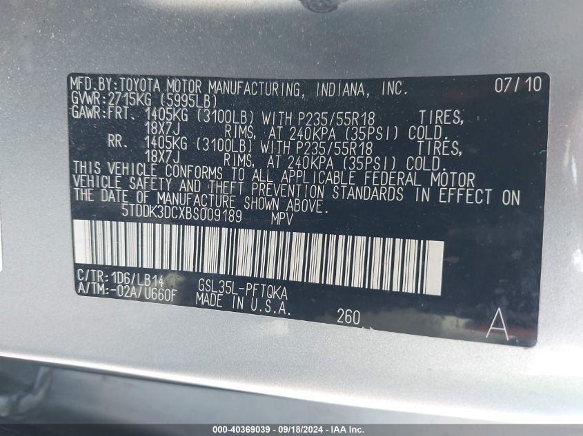 5TDDK3DCXBS009189 2011 Toyota Sienna Xle