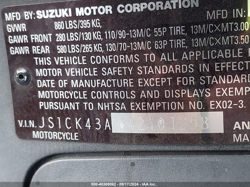 2004 Suzuki An400 K3 VIN: JS1CK43A642101258 Lot: 40369062