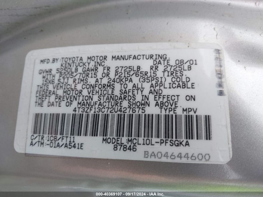 4T3ZF13C72U427675 2002 Toyota Sienna Le