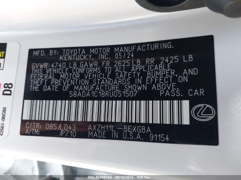 2024 Lexus Es 300H Base/300H Luxury/300 VIN: 58ADA1C18RU051507 Lot: 40369164