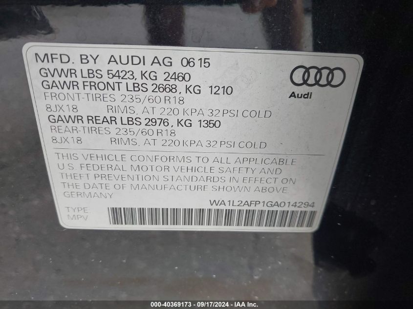 2016 Audi Q5 Premium Plus VIN: WA1L2AFP1GA014294 Lot: 40369173