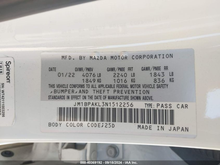 JM1BPAKL3N1512256 2022 Mazda Mazda3 Select