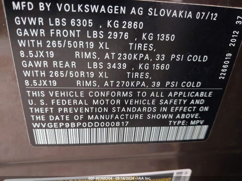 WVGEP9BP0DD000817 2013 Volkswagen Touareg Tdi Lux