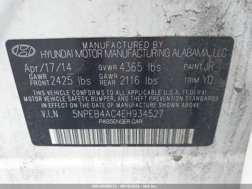 5NPEB4AC4EH934527 2014 Hyundai Sonata Gls