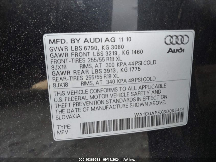 2011 Audi Q7 Premium VIN: WA1CGAFEXBD005424 Lot: 40369263