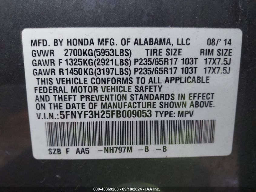 2015 Honda Pilot Lx VIN: 5FNYF3H25FB009053 Lot: 40369283