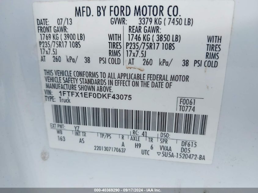 2013 Ford F-150 Xl VIN: 1FTFX1EF0DKF43075 Lot: 40369290