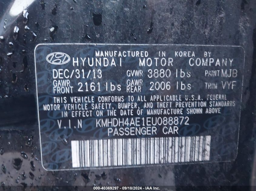 2014 Hyundai Elantra Se/Sport/Limited VIN: KMHDH4AE1EU088872 Lot: 40369297