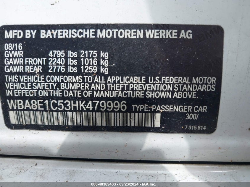 2017 BMW 330E IPERFORMANCE - WBA8E1C53HK479996