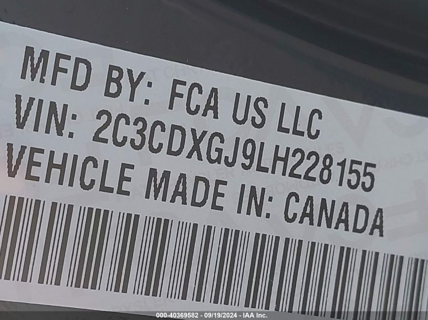 2020 Dodge Charger Scat Pack Rwd VIN: 2C3CDXGJ9LH228155 Lot: 40369582