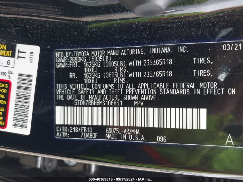 5TDHZRBH6MS106861 2021 Toyota Highlander Xle