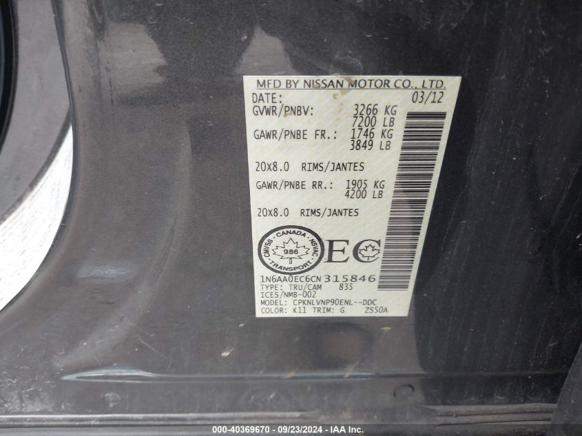 2012 Nissan Titan Pro-4X/S/Sl/Sv VIN: 1N6AA0EC6CN315846 Lot: 40369670