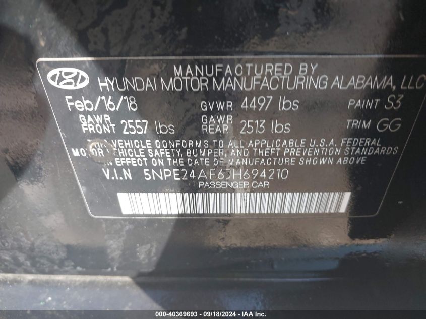 5NPE24AF6JH694210 2018 Hyundai Sonata Se