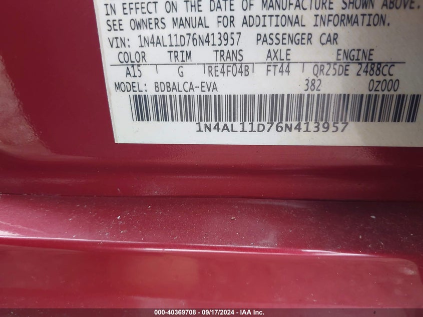 2006 NISSAN ALTIMA VIN: 1N4AL11D76N413957