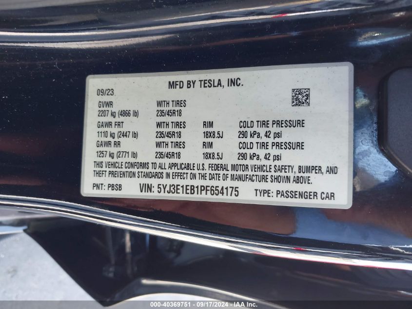 2023 Tesla Model 3 Long Range Dual Motor All-Wheel Drive VIN: 5YJ3E1EB1PF654175 Lot: 40369751