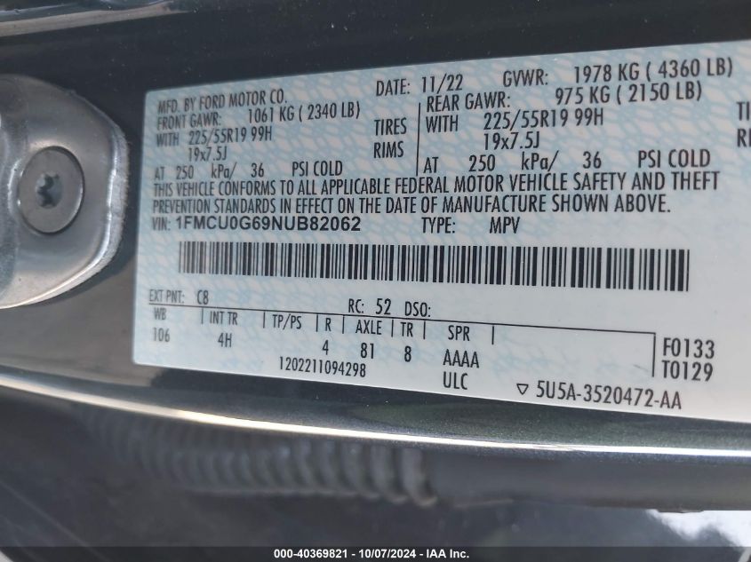 2022 FORD ESCAPE SE - 1FMCU0G69NUB82062