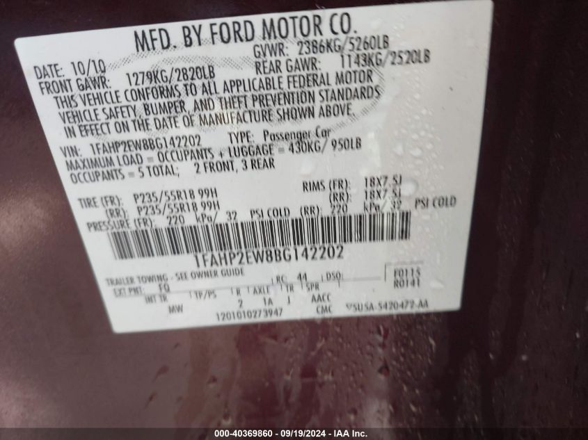 2011 Ford Taurus Sel VIN: 1FAHP2EW8BG142202 Lot: 40369860