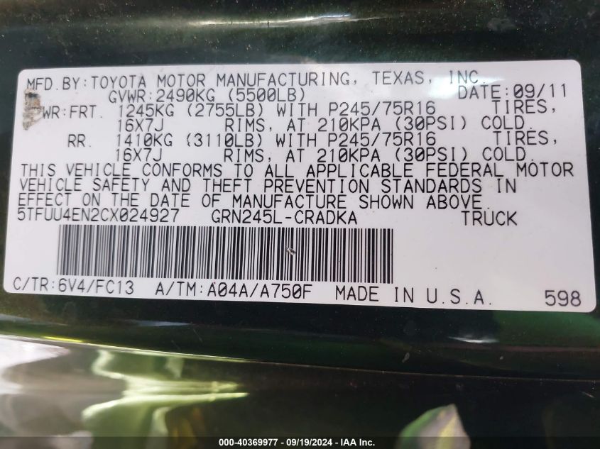 5TFUU4EN2CX024927 2012 Toyota Tacoma Base V6