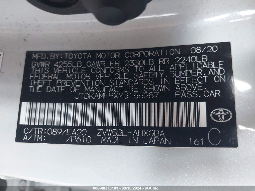 2021 Toyota Prius Prime Xle VIN: JTDKAMFPXM3166287 Lot: 40370101