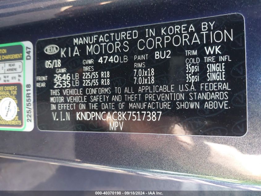 KNDPNCAC8K7517387 2019 Kia Sportage Ex