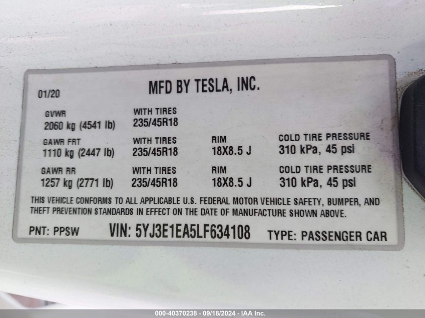 2020 Tesla Model 3 VIN: 5YJ3E1EA5LF634108 Lot: 40370238