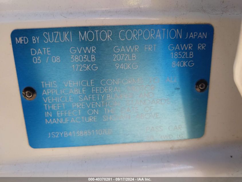 JS2YB413885110702 2008 Suzuki Sx4 Convenience/Touring