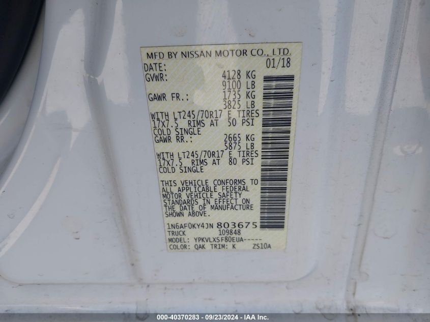 1N6AF0KY4JN803675 2018 Nissan Nv Cargo Nv2500 Hd Sv V8