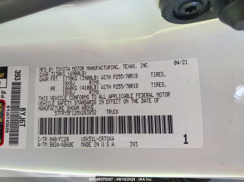 2021 Toyota Tundra Sr5 VIN: 5TFRY5F12MX283852 Lot: 40370287