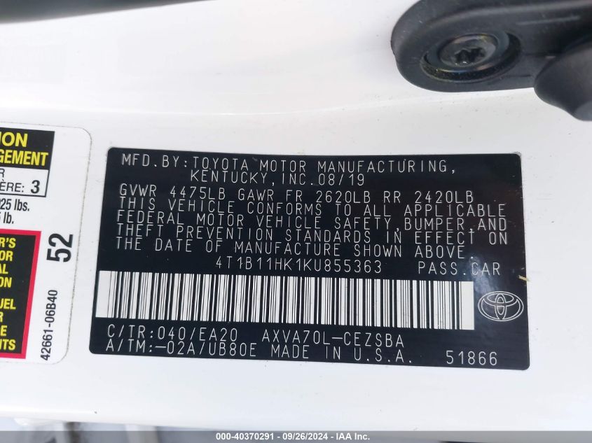 4T1B11HK1KU855363 2019 Toyota Camry L/Le/Xle/Se/Xse