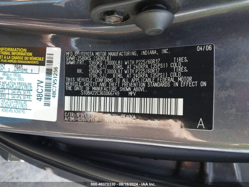 5TDBA22C36S066749 2006 Toyota Sienna Xle Limited