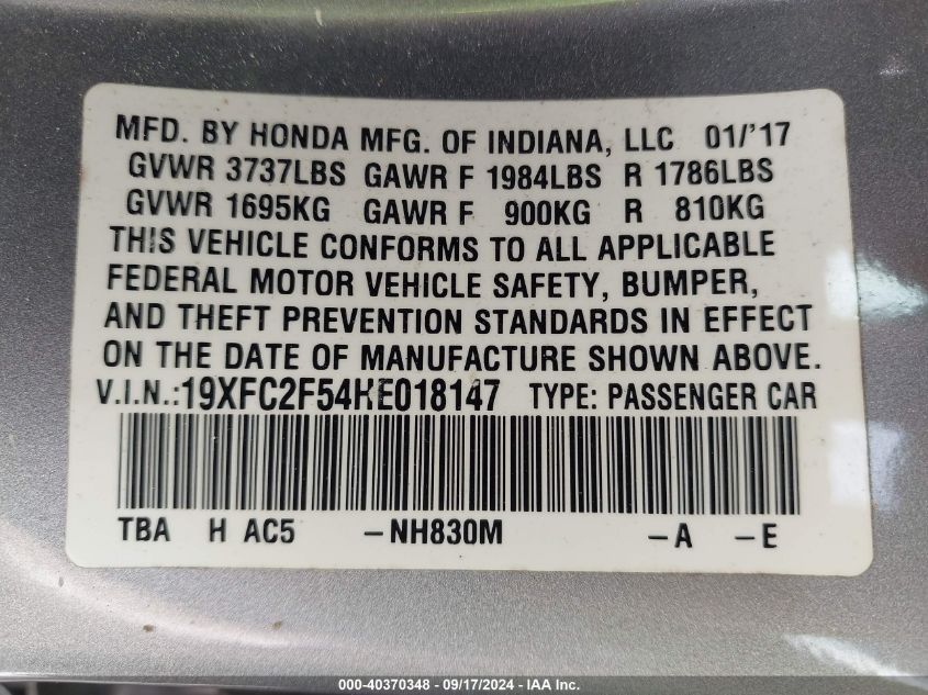 2017 Honda Civic Lx VIN: 19XFC2F54HE018147 Lot: 40370348