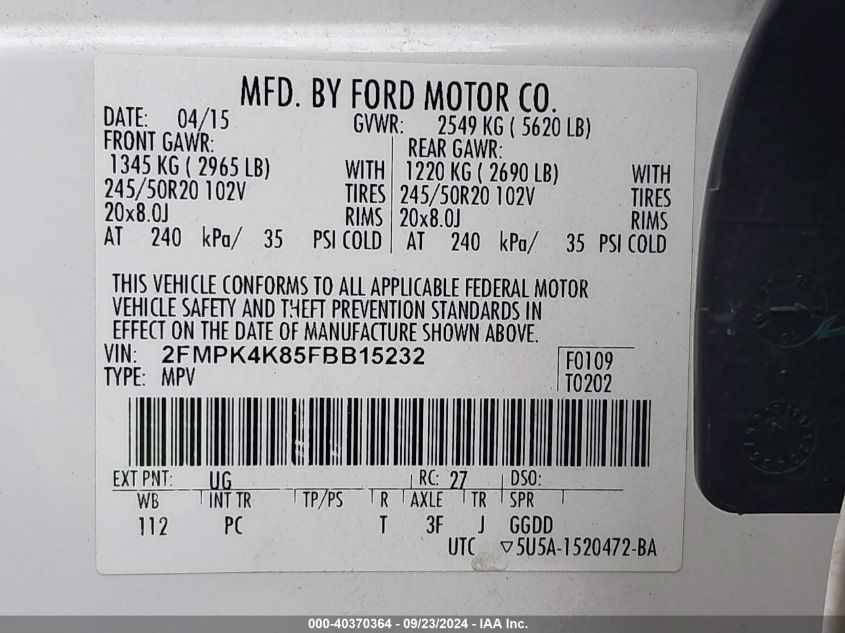 2FMPK4K85FBB15232 2015 Ford Edge Titanium