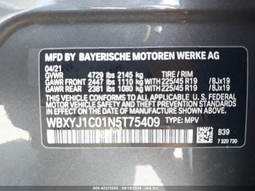 2022 BMW X2 xDrive28I VIN: WBXYJ1C01N5T75409 Lot: 40370580