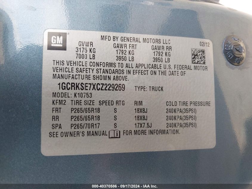 1GCRKSE7XCZ229269 2012 Chevrolet Silverado 1500 Lt