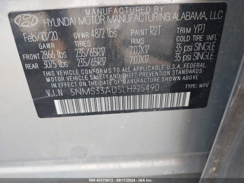 2020 Hyundai Santa Fe Sel VIN: 5NMS33AD5LH225490 Lot: 40370672